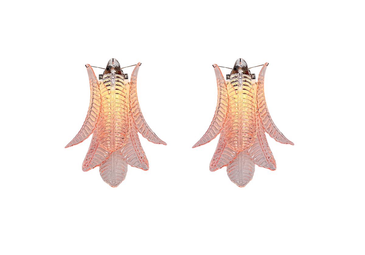 Murano Pink Felci Glass wall sconces, vintage hand blown Murano glass, Assembly Vintage Dubai
