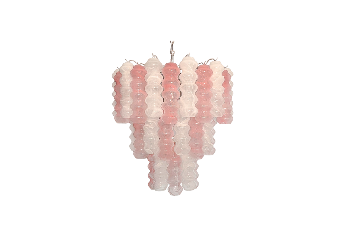 Alabaster Murano Glass 3-Tier Tube Chandelier- White & Pink, vintage hand blown Murano glass, Assembly Vintage Dubai
