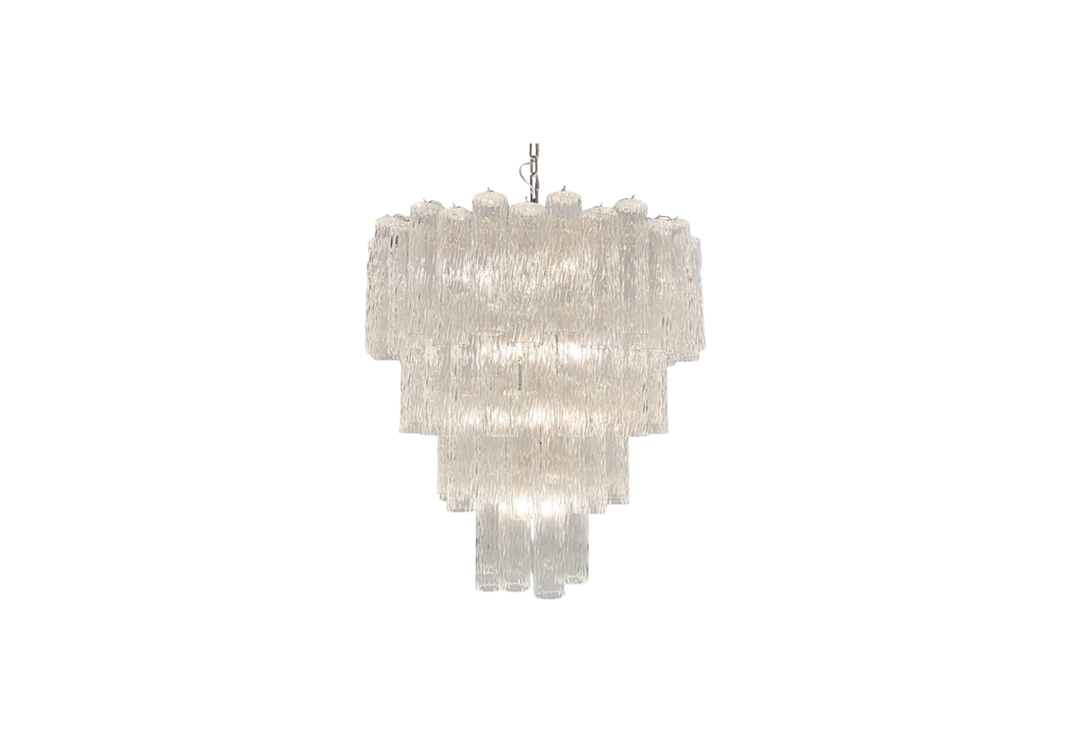 Murano Glass Tiered Chandelier - 80 glasses - transparent corteccia glass tube, vintage hand blown Murano glass, Assembly Vin